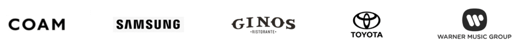 logos de clientes 01 COAM, SAMSUNG, GINOS, TOYOYA Y Warner Music